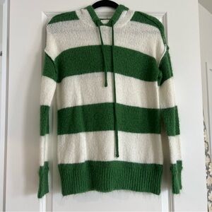 Green and White Striped Hoodie Sweater